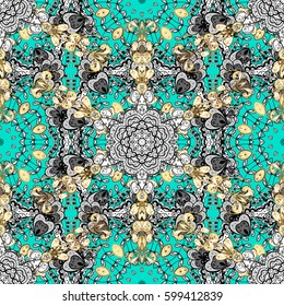 Seamless pattern golden elements. Vector illustration. Gold template. Design vintage for card, wallpaper, wrapping, textile. Floral classic texture. Royal retro background.