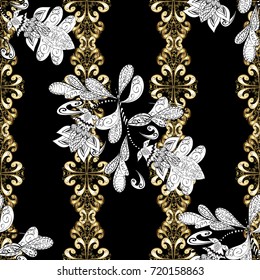 Seamless pattern golden elements. Vector illustration. Design vintage for card, wallpaper, wrapping, textile. Gold template. Royal retro background. Floral classic texture.