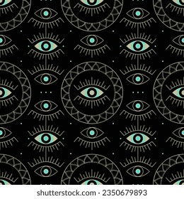 Seamless pattern with golden evil eyes. Vector illustration on black background.