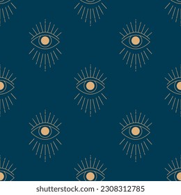 Seamless pattern with golden eyes on deep blue background. Vector illustration. Fabric print.