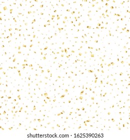 Seamless pattern golden falling confetti on white background. Carnival bright confetti for birthday celebration, festival and fair decoration. Vector