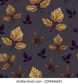 seamless pattern of golden falling leaves on a purple background
