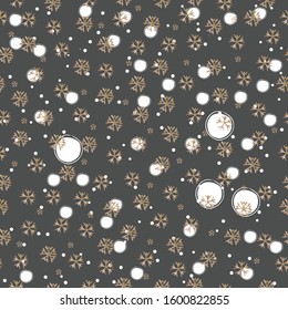 Seamless pattern with golden falling snowflakes on dark background. Delicate Design. Vector Illustration