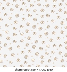 Seamless pattern with golden falling snowflakes on white background. Delicate Design. Vector Illustration