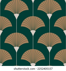 Seamless pattern with golden fans on deep green background. Vector illustration. Art deco style.