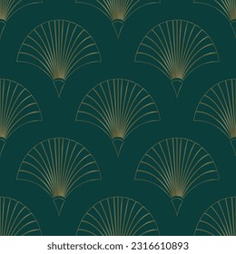 Seamless pattern with golden fans on deep green background. Vintage illustration. Art deco background. Vector pattern.