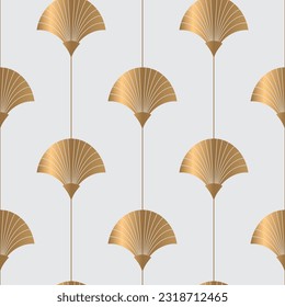 Patrón sin inconvenientes con ventiladores dorados sobre fondo gris claro. Impresión de lujo. Art deco. Fondo vectorial.