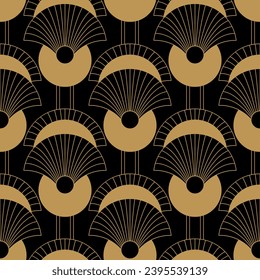 Seamless pattern with golden fans on black background. Art deco style. Vector print. Luxury style