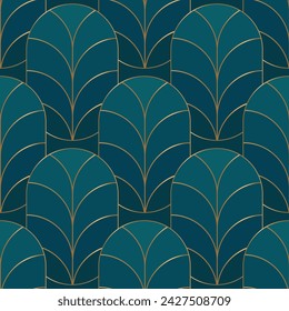 Seamless pattern with golden fans on deep blue background. Art deco style. Vector illustration. Fabric print