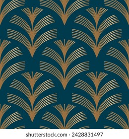 Seamless pattern with golden fans on deep blue background. Art deco style. Vector print. Vintage background