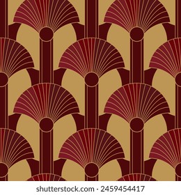 Seamless pattern with golden fans on deep red background. Art deco style. Asian print. Vintage background. Seamless pattern.