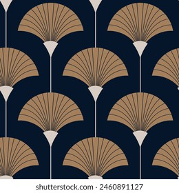 Seamless pattern with golden fans on deep blue background. Art deco style. Vector seamless pattern. Interior print.