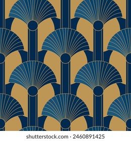 Seamless pattern with golden fans on deep blue background. Art deco style. Asian print. Vintage background. Seamless pattern.