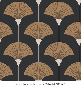 Seamless pattern with golden fans on deep grey background. Art deco style. Vector seamless pattern. Interior print.