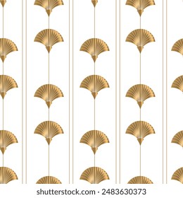 Patrón sin fisuras con ventiladores dorados sobre fondo blanco. Estampado de lujo. Art deco. Fondo de Vector. Estampado de lujo