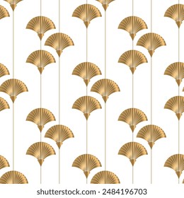 Seamless pattern with golden fans on white background. Art deco style. Vector print.