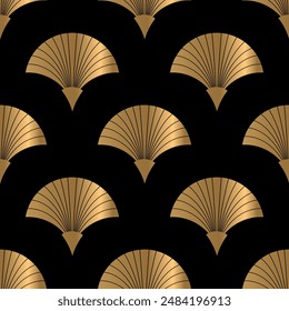 Seamless pattern with golden fans on black background. Art deco style. Vector print. Luxury background