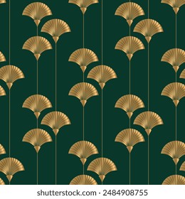 Patrón sin fisuras con ventiladores dorados sobre fondo verde profundo. Estilo Art Deco. Vector Fondo de pantalla. Patrón sin costuras de lujo