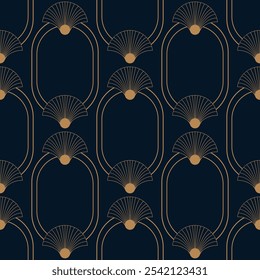 Seamless pattern with golden fans on dark background. Art deco style. Vector print. Vector seamless pattern. Luxury background