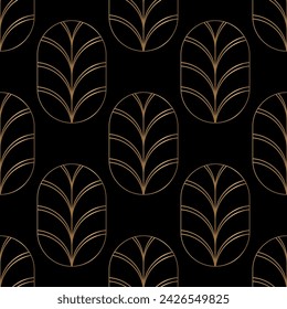 Seamless pattern with golden fans in ovals on black background. Vintage pattern. Vector print. Art deco style.