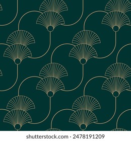 Seamless pattern with golden fans and ovals on green background. Art deco style. Vector print