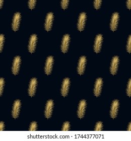 Patrón sin foco con plumas doradas sobre fondo negro. Textura brillante para envolver papel, web, papel pintado, textil, scrapbooking, impresión etc. Fondo creativo de plumas.
