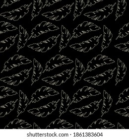 Seamless pattern of Golden feathers on a black background. Cute black background of banana leaves.Vector background of tropical leaves.Vector illustration in flat style for Wallpaper decoration
