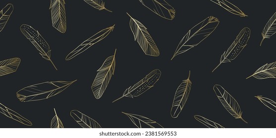 Seamless pattern with golden feathers on a black background. Vector illustration.