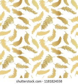 Seamless pattern with golden feathers with shiny texture, glitter feathers on white background, pattern for your design. Vector illustration