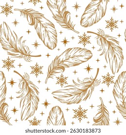 Nahtloses Muster von goldenen Federn mit Schneeflocken - Weihnachtsfeder Vektorgrafik