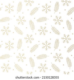 nahtloses Muster aus goldenen Tannenbaum-Zweigen und Schneeflocken; Weihnachten, eleganter Hintergrund für Umhüllungen, Textilien, Tapete - Vektorgrafik