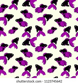 Seamless pattern with a golden fish image on a light background. Vector illustration. Black, white, purple colors.
