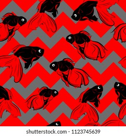 Seamless pattern with a golden fish pattern on a geometric background. Vector illustration. Black, red, gray colors.