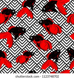 Seamless pattern with a golden fish pattern on a geometric background. Vector illustration. Black, red, gray colors.