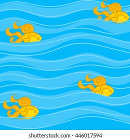 Seamless pattern with golden fish in thin and wide waves