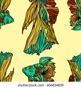 Seamless pattern with golden fishes on yellow background. Vector illustration.