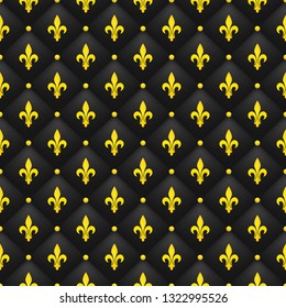 Seamless pattern with golden fleur-de-lis on a black quilted background.  Luxury, wealth backdrop. Royal wallpaper. 