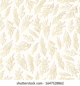 Seamless pattern with golden floral branches. Rustic texture for wedding. Vector isolated spring flourish background for textile.