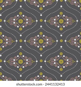 Seamless pattern with golden floral ogee geometrical motifs on a dark gray background. Minimalist classic abstract repeat wallpaper.