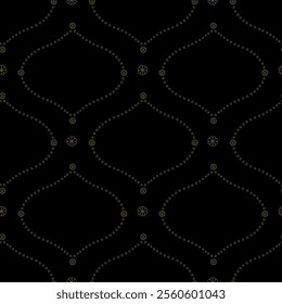 Seamless pattern with golden floral ogee geometrical motifs on a black background. Minimalist classic abstract repeat wallpaper.