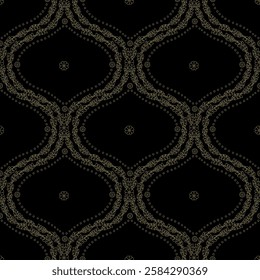 Seamless pattern with golden floral ogee geometrical motifs on a black background. Minimalist classic abstract repeat wallpaper.