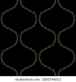 Seamless pattern with golden floral ogee geometrical motifs on a black background. Minimalist classic abstract repeat wallpaper.