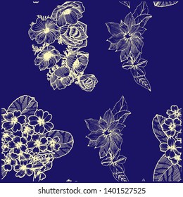 Seamless pattern with golden flowers. Anemona. Primula. Clematis.