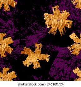 Seamless pattern with golden flowers and ink blots Sloppy strokes of a acrylic paint. 