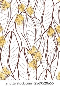 Seamless pattern, golden flowers, leaves, hand drawn, illustration, endless, all over print to use textile, fabric, clothing, backdrop, wallpaper, home textile, clothing, fashion, packaging