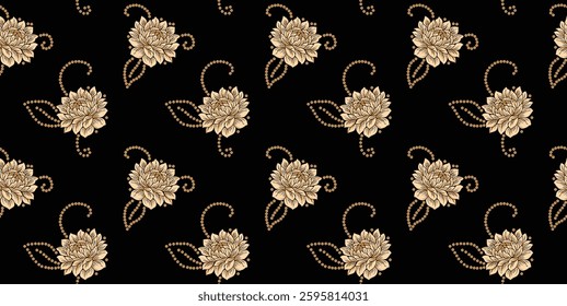 Seamless pattern of golden flowers with leaves on a black background, for textile, wallpaper, gift wrapping, print