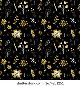 Patrón sin inconvenientes con flores doradas sobre un fondo negro. Diseño perfecto para papel pintado, papel de regalo, tarjetas de felicitación, tela, textil, diseño web. Ilustración vectorial. Diseño plano. Dibujado a mano.