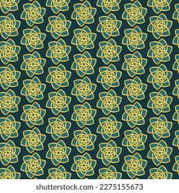 Seamless pattern with golden flowers on dark blue background. Vector illustration.