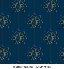 Seamless pattern with golden flowers on deep blue background. Vector illustration. 