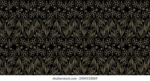 Seamless pattern with golden flowers on black background. Floral ornament vector illustration. Wild flowers in traditional style for printing.